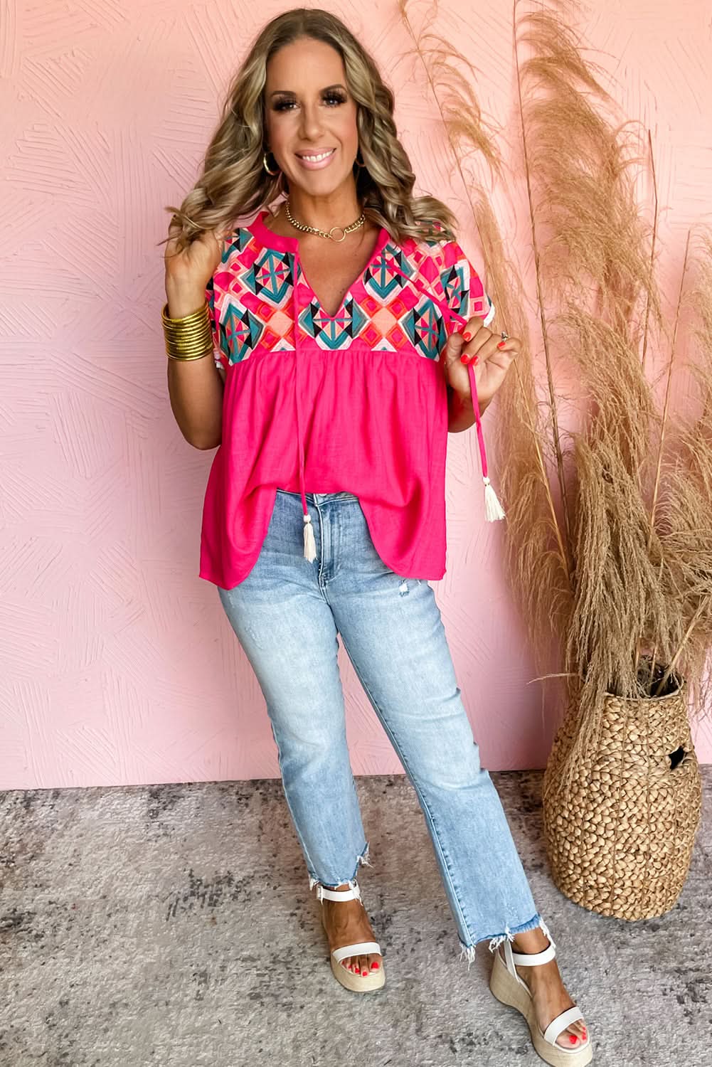 Strawberry Pink Geometric Embroidered Tassel Tie V Neck Blouse - Love Salve