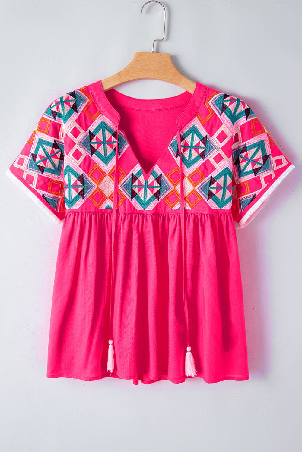 Strawberry Pink Geometric Embroidered Tassel Tie V Neck Blouse - Love Salve