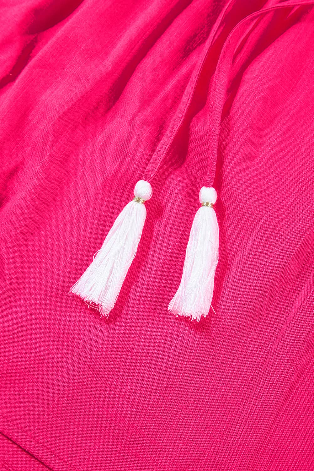 Strawberry Pink Geometric Embroidered Tassel Tie V Neck Blouse - Love Salve