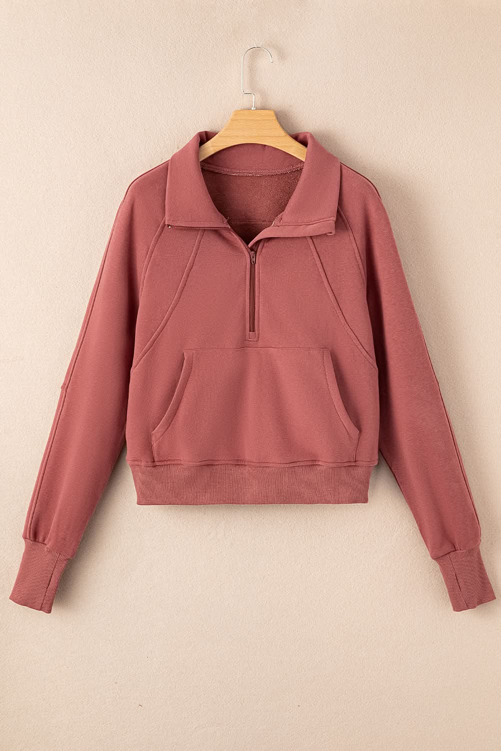 Brown Fleece Lined Zip Up Stand Collar Thumbhole Sleeve Sweatshirt - Love Salve