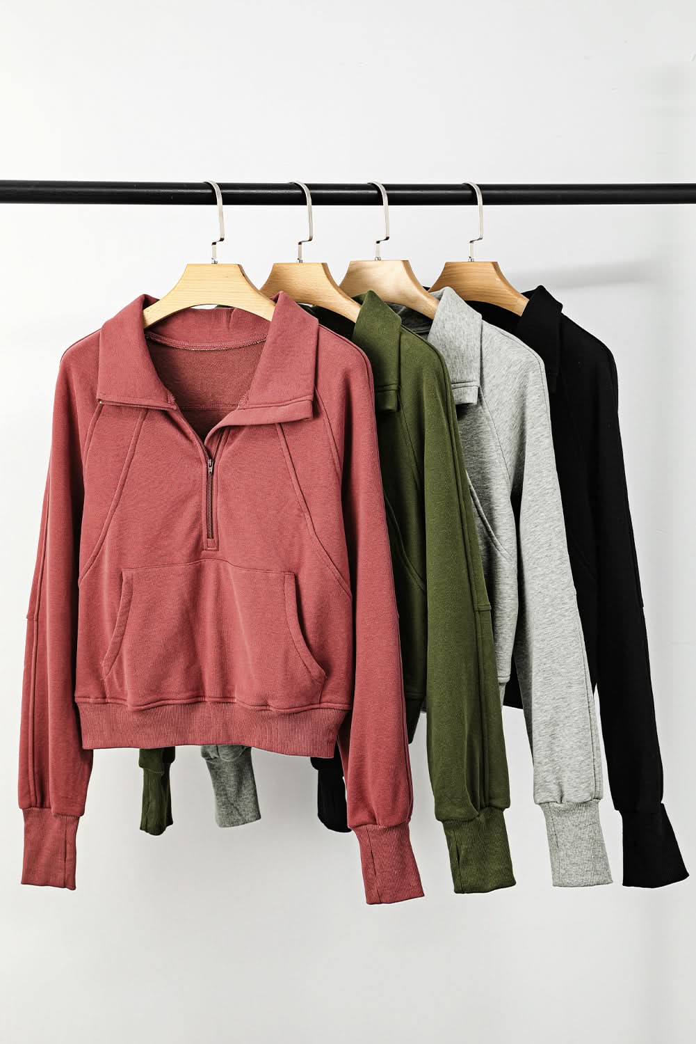 Brown Fleece Lined Zip Up Stand Collar Thumbhole Sleeve Sweatshirt - Love Salve