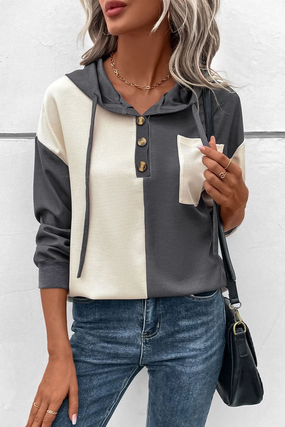 Dark Grey Waffle Colorblock Buttons Placket Drop Shoulder Drawstring Hoodie - Love Salve