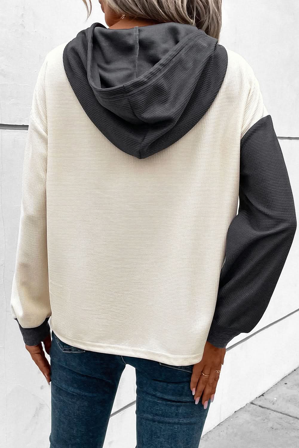 Dark Grey Waffle Colorblock Buttons Placket Drop Shoulder Drawstring Hoodie - Love Salve