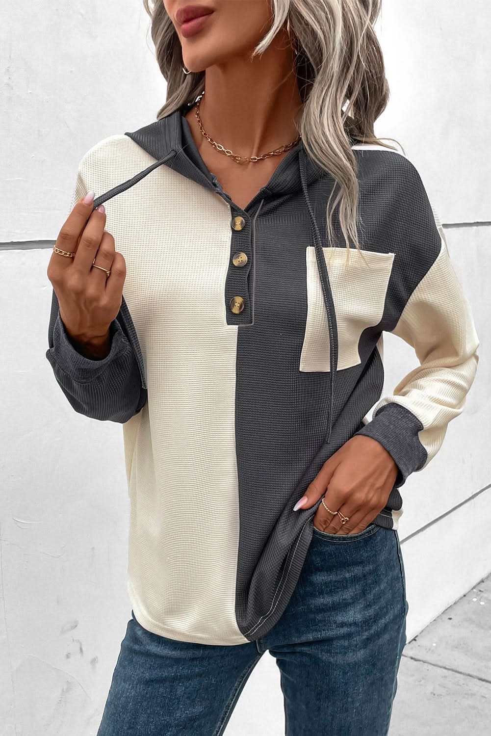 Dark Grey Waffle Colorblock Buttons Placket Drop Shoulder Drawstring Hoodie - Love Salve