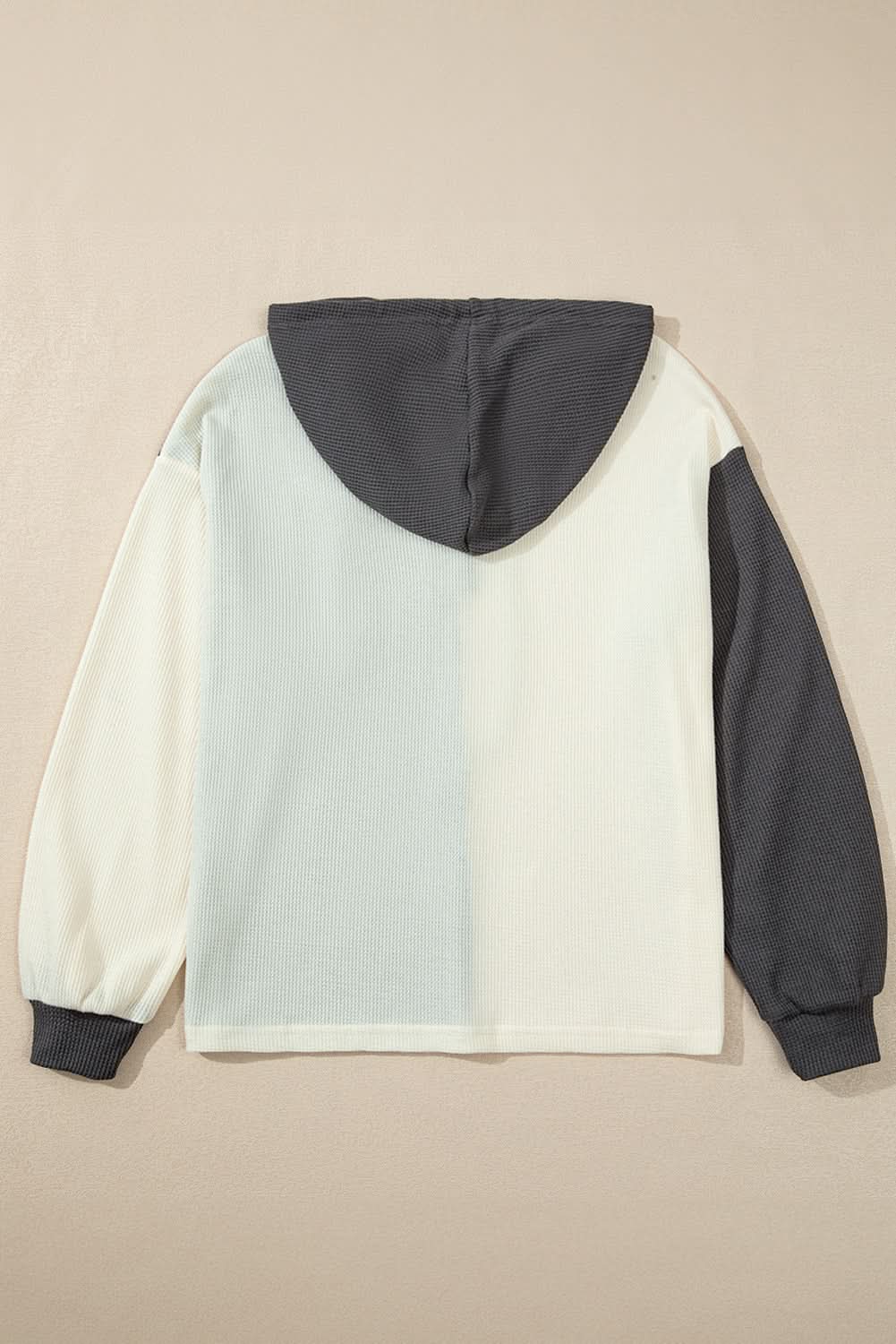 Dark Grey Waffle Colorblock Buttons Placket Drop Shoulder Drawstring Hoodie - Love Salve