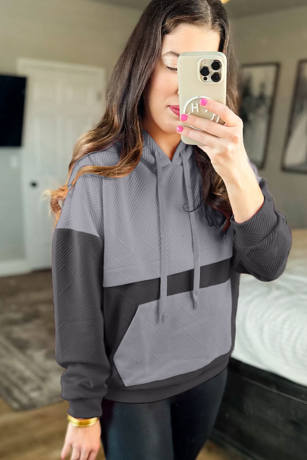 Gray color block drop shoulder hoodie - Love Salve