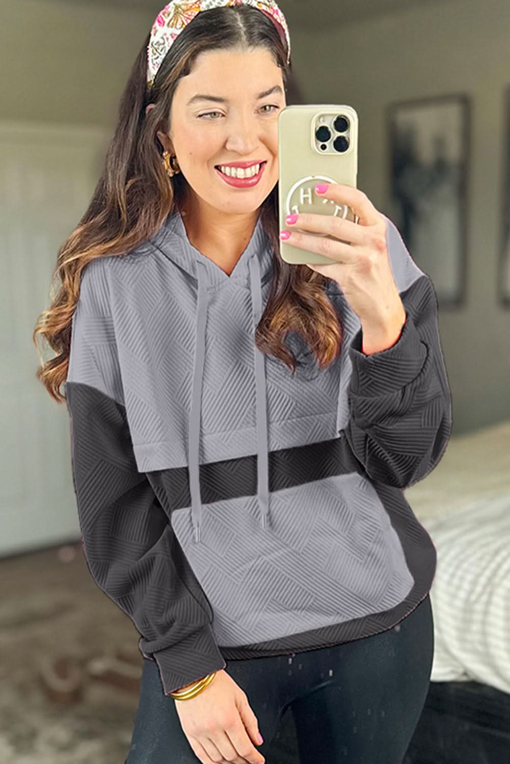 Gray color block drop shoulder hoodie - Love Salve