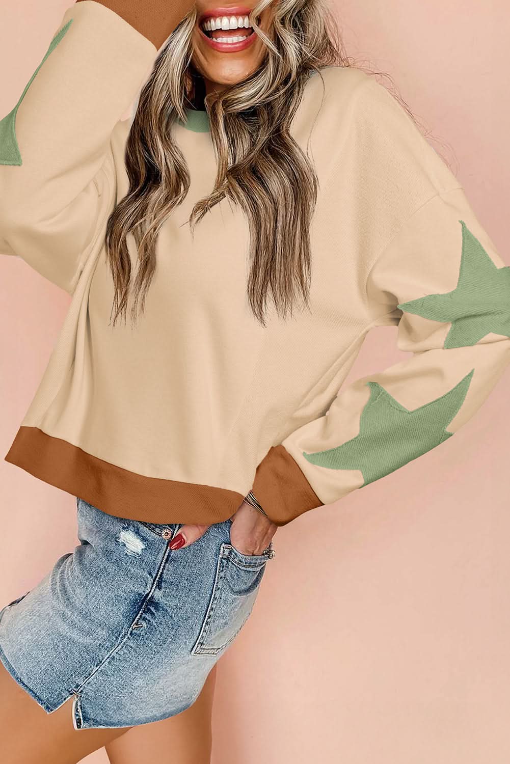 Parchment Star Patchwork Exposed Seam Oversized Sweatshirt - Love Salve