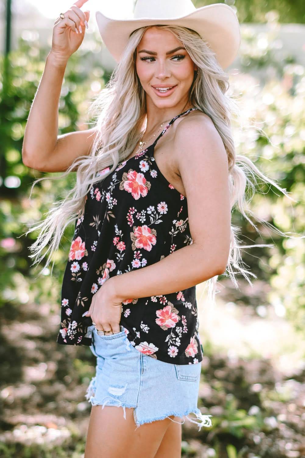 Black Floral Spaghetti Straps Strappy Back Tank Top - Love Salve