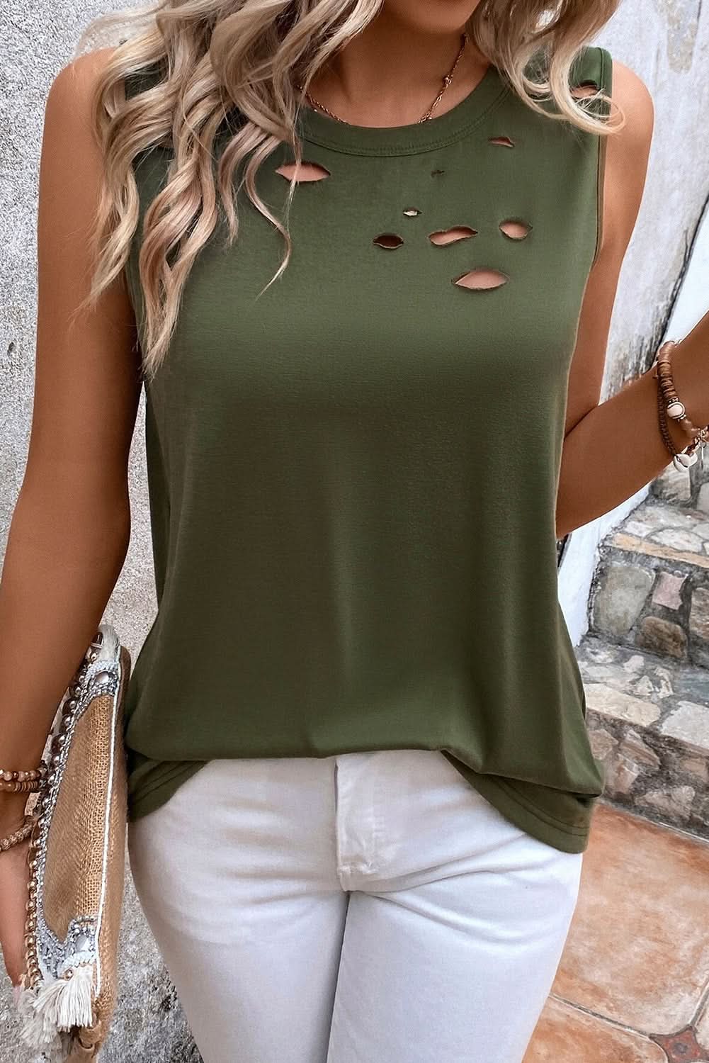 Jungle green distressed tank top - Love Salve