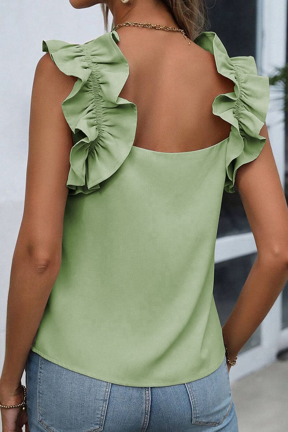 Chic smoke green ruffle tank top