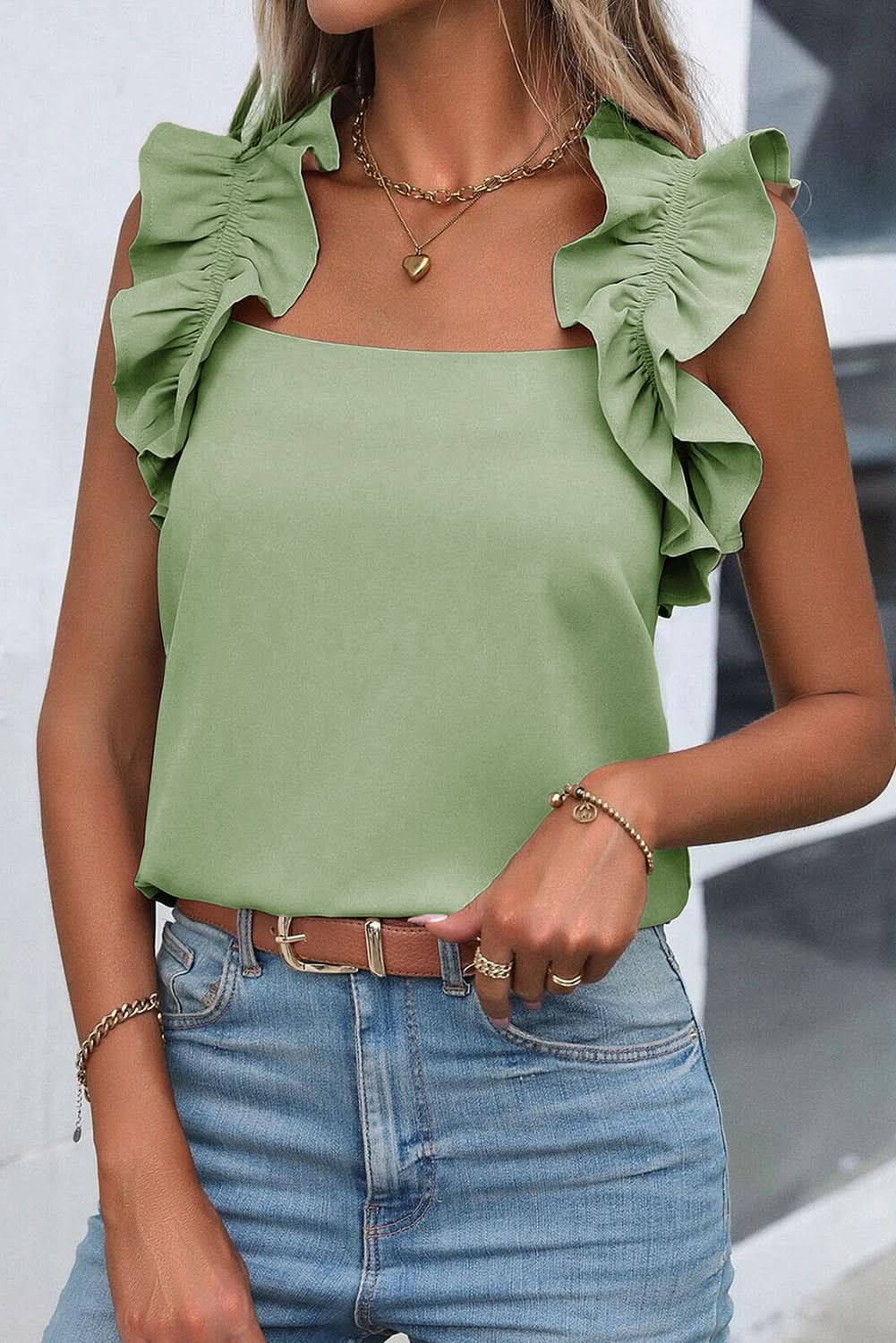 Chic smoke green ruffle tank top