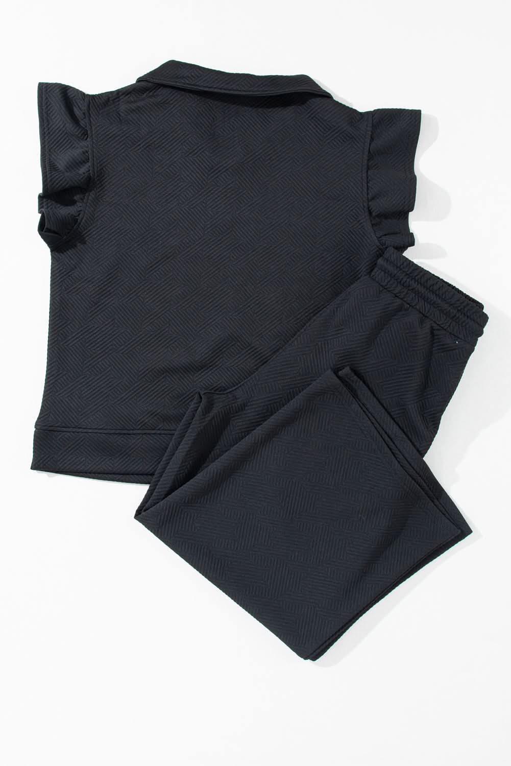 Black Textured Flutter Sleeve Top Wide Leg Pants Set - Love Salve