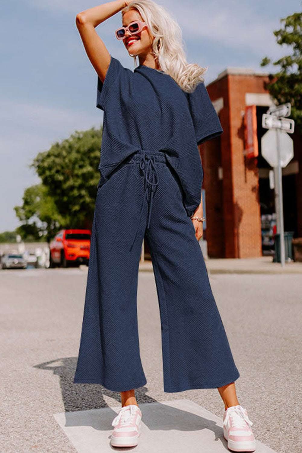 Navy Blue Textured Loose Fit T Shirt and Drawstring Pants Set - Love Salve