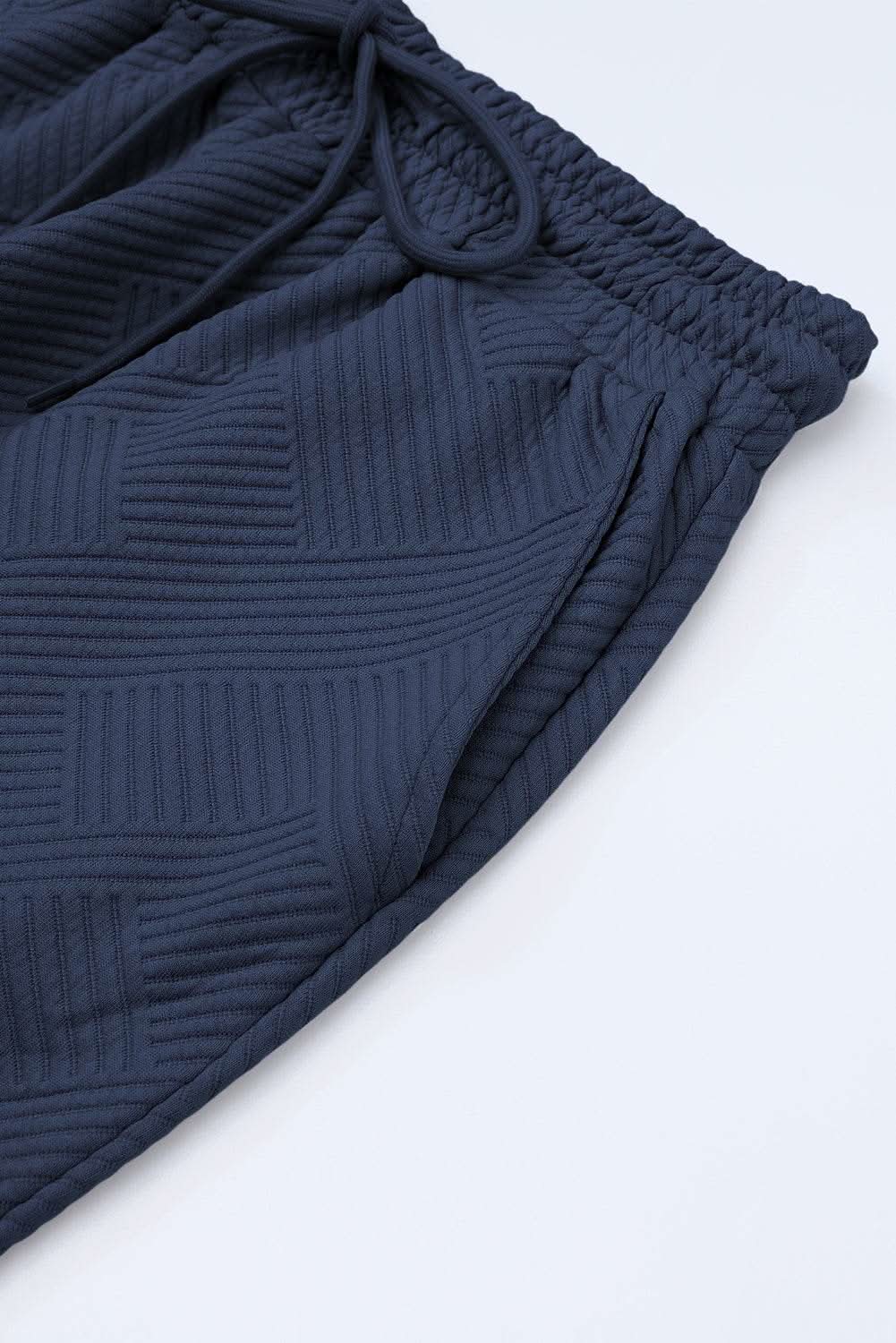 Navy Blue Textured Loose Fit T Shirt and Drawstring Pants Set - Love Salve