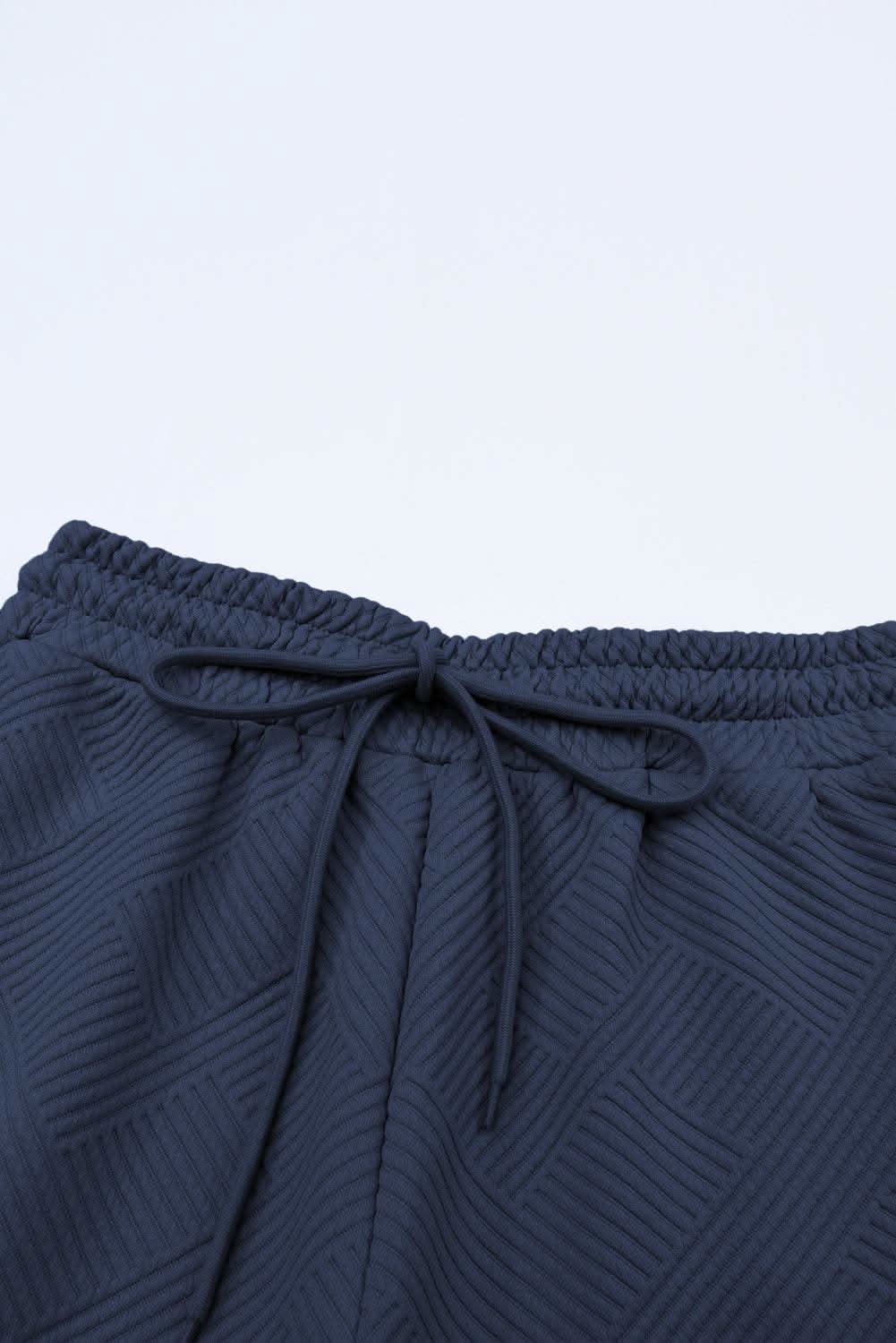 Navy Blue Textured Loose Fit T Shirt and Drawstring Pants Set - Love Salve