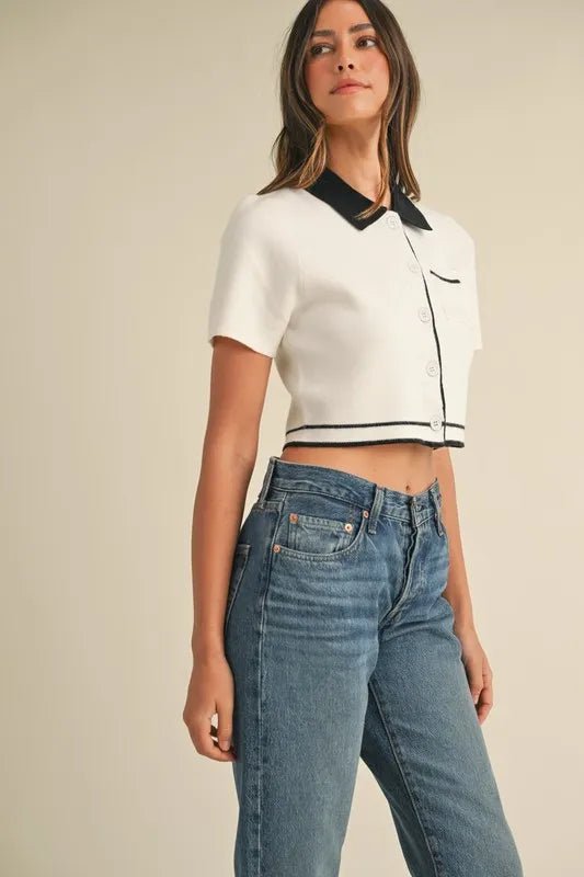 MABLE Button Down Contrast Collared Knit Cardigan - Love Salve