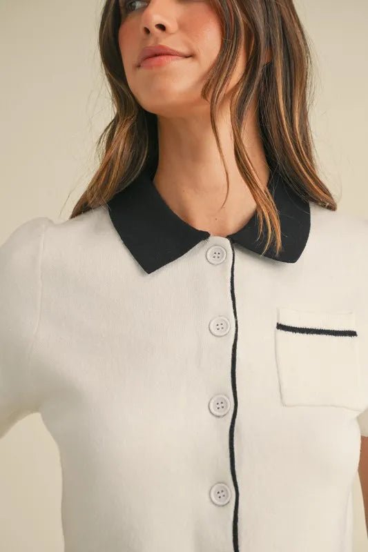 MABLE Button Down Contrast Collared Knit Cardigan - Love Salve