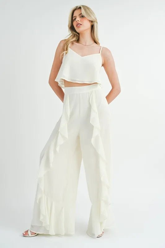 MABLE Crop Cami and Ruffled Wide Leg Pants Set - Love Salve
