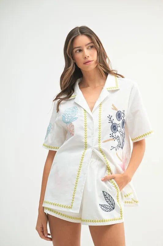MABLE Embroidered Button Down Shirt and Shorts Set - Love Salve