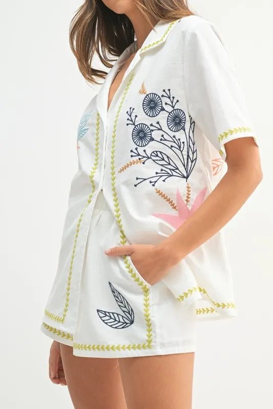 MABLE Embroidered Button Down Shirt and Shorts Set - Love Salve