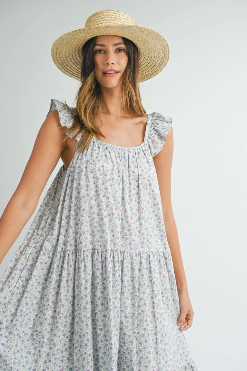MABLE Floral Ruffle Shoulder Tiered Midi Dress for Women - Love Salve