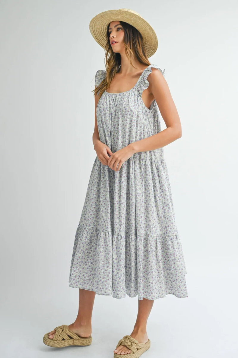 MABLE Floral Ruffle Shoulder Tiered Midi Dress for Women - Love Salve