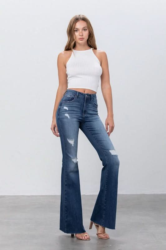 MID RISE DARK WASH FLARE JEANS - Love Salve