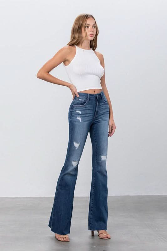 MID RISE DARK WASH FLARE JEANS - Love Salve