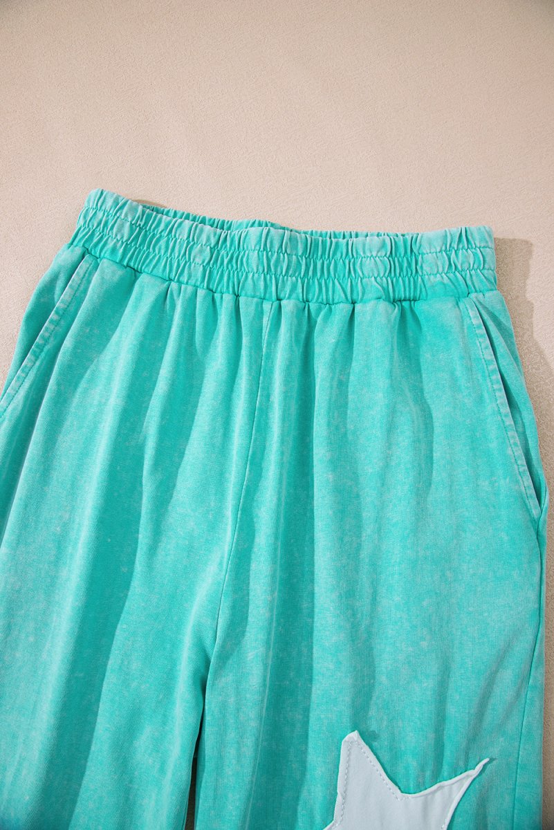 Mint Green Acid Wash Star Patched Rolled Trim Pants Set - Love Salve