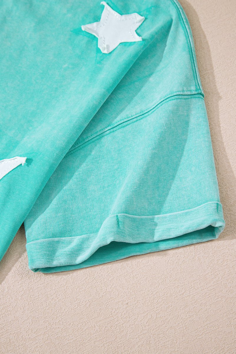 Mint Green Acid Wash Star Patched Rolled Trim Pants Set - Love Salve