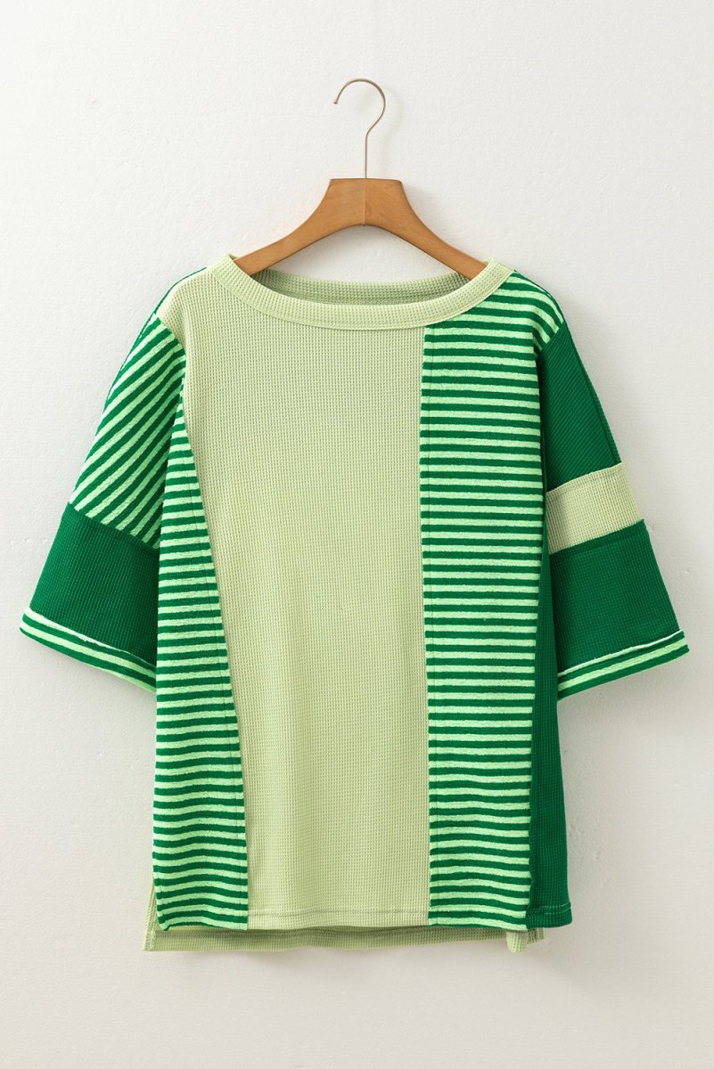 Mint Green Striped Patchwork Textured Colorblock Knit Top - Love Salve