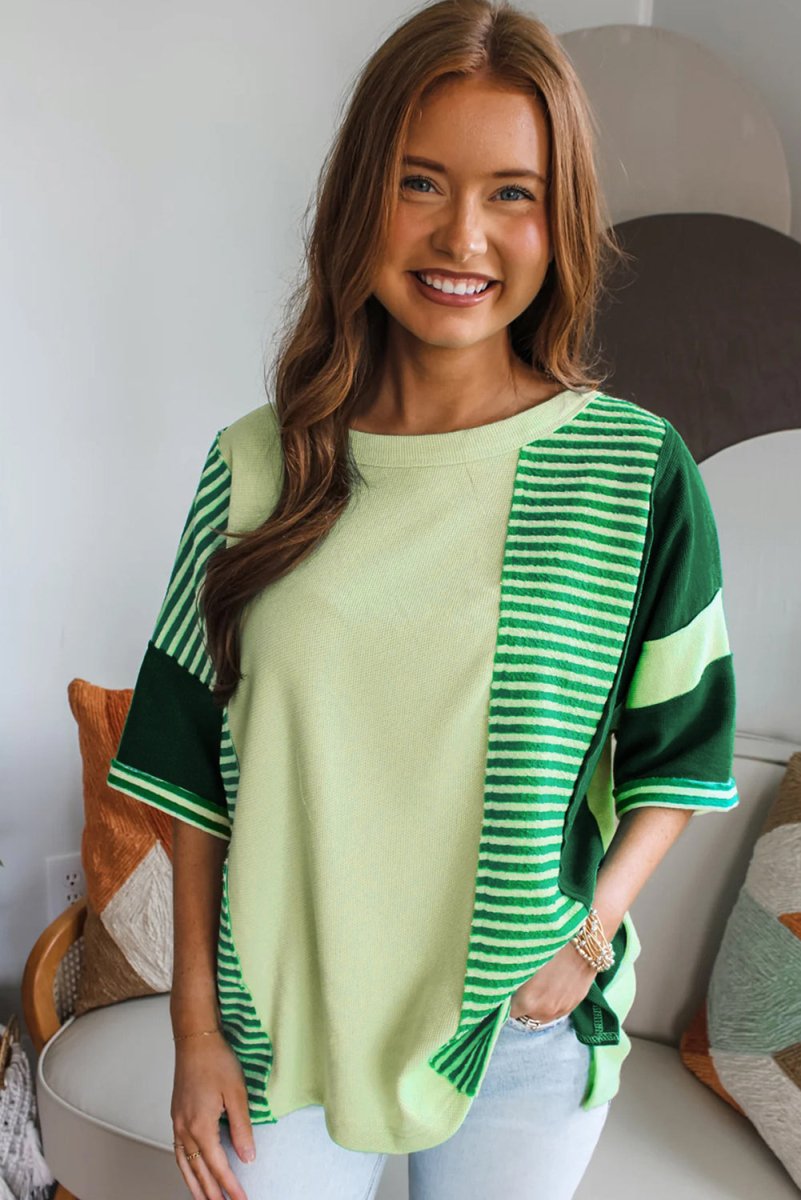 Mint Green Striped Patchwork Textured Colorblock Knit Top - Love Salve