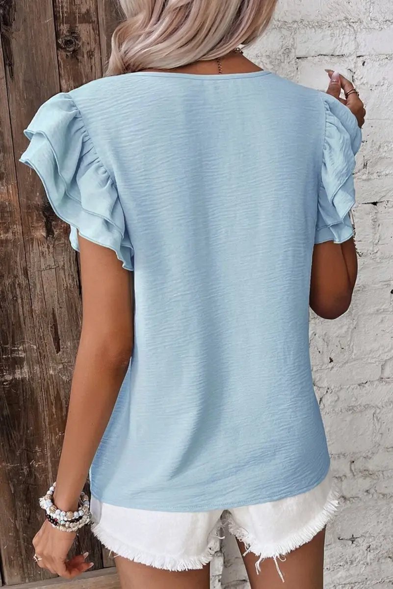 Mist Blue Solid Color Ruffled Short Sleeve Casual Blouse - Love Salve