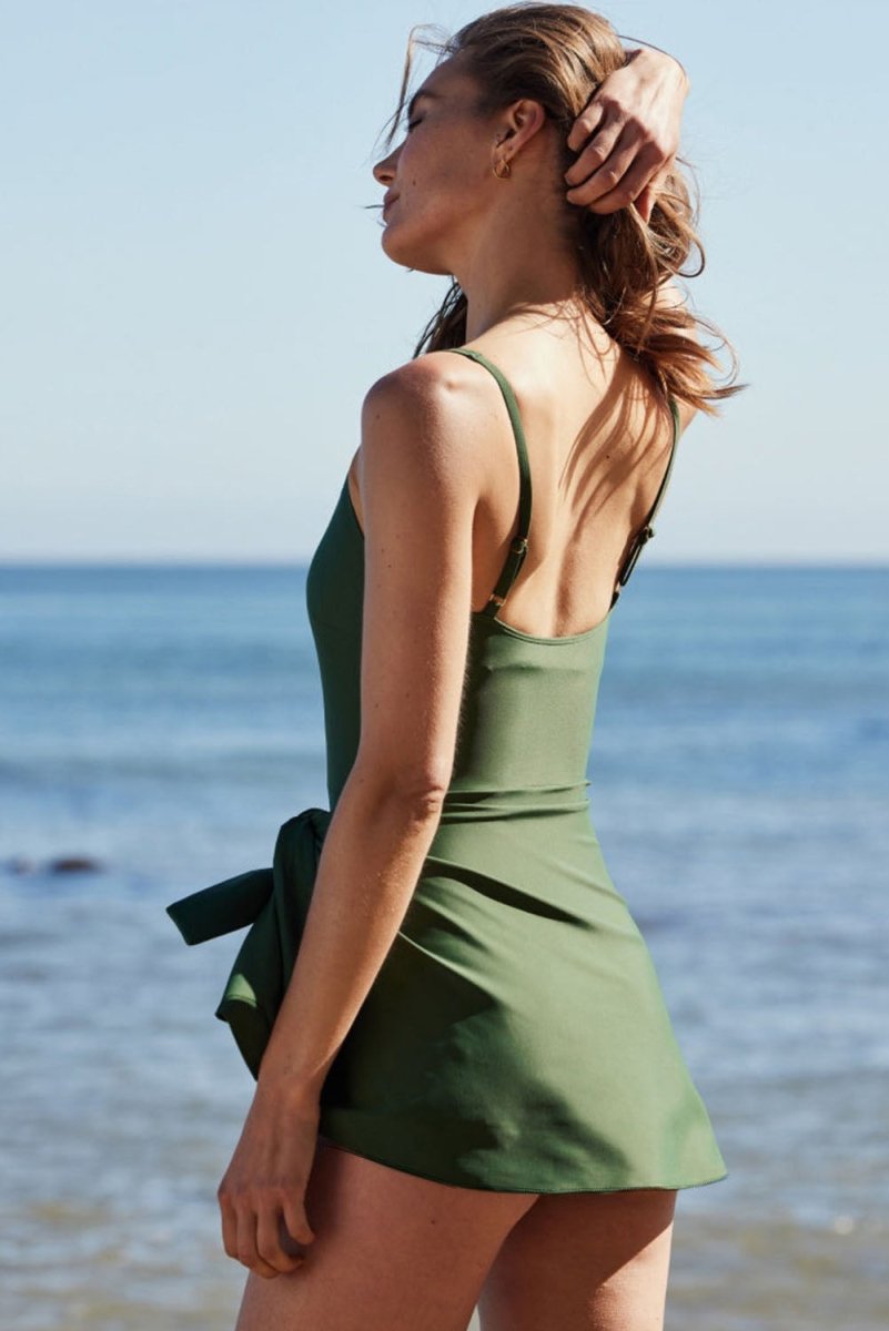 Mist Green Side Tied Waist Square Neck Adjustable Straps A-line One Piece Swim Dress - Love Salve