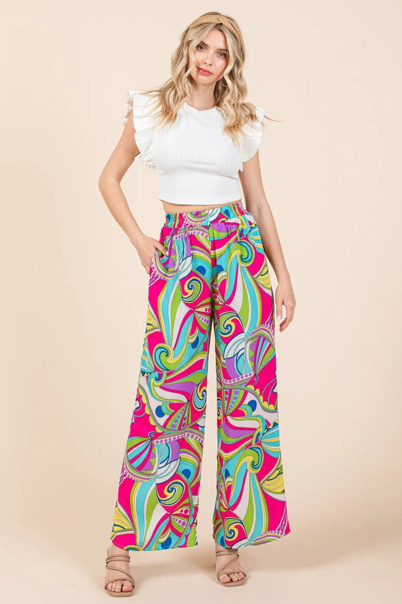Mittoshop Abstract Print Elastic Waist Wide Leg Pants for Women - Love Salve