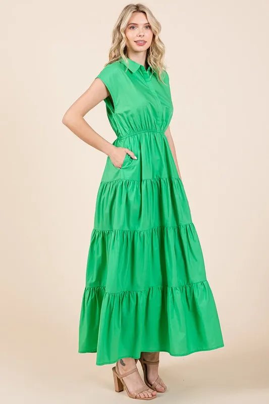 Mittoshop Button Up Collared Tiered Maxi Shirt Dress - Love Salve