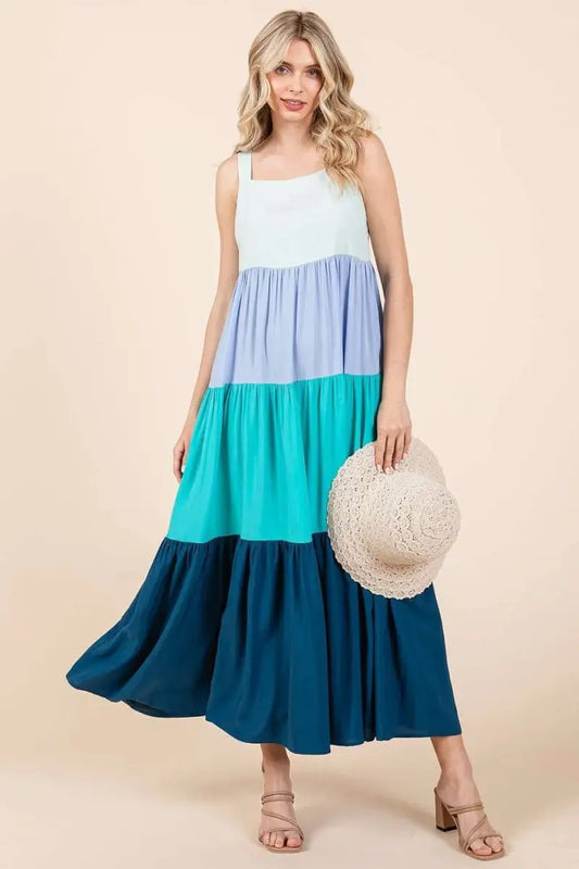 Mittoshop Color Block Tiered Pull-On Maxi Dress for Women - Love Salve