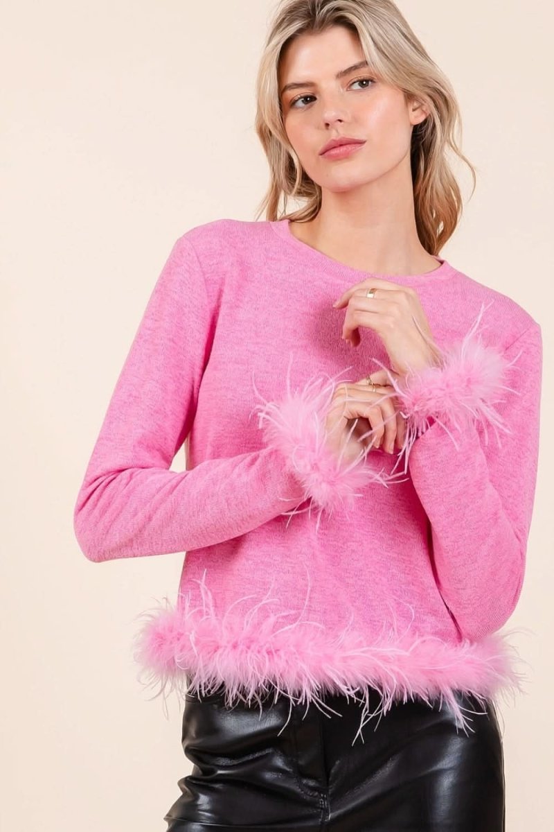 Mittoshop Feather Trim Long Sleeve Crop Hacci Knit Top - Love Salve