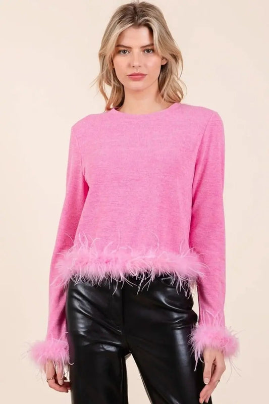 Mittoshop Feather Trim Long Sleeve Crop Hacci Knit Top - Love Salve