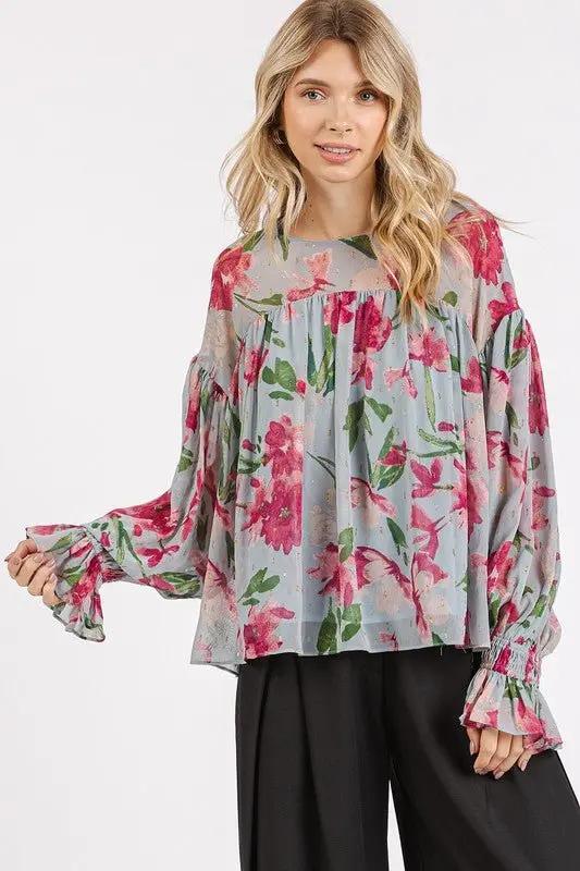 Mittoshop Floral Round Neck Flounce Sleeve Blouse for Women - Love Salve