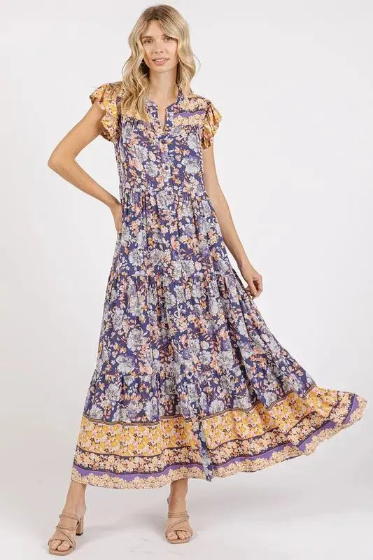 Mittoshop Floral Ruffled Notched Cap Sleeve Maxi Dress - Love Salve