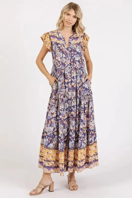 Mittoshop Floral Ruffled Notched Cap Sleeve Maxi Dress - Love Salve
