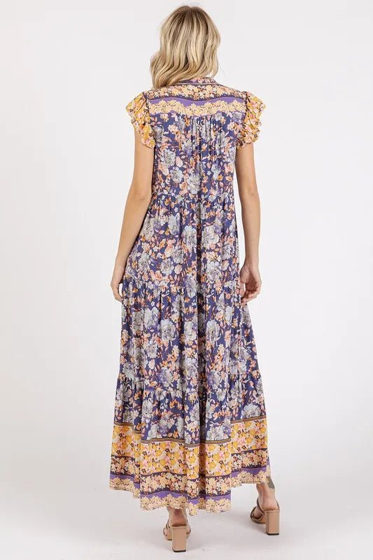 Mittoshop Floral Ruffled Notched Cap Sleeve Maxi Dress - Love Salve