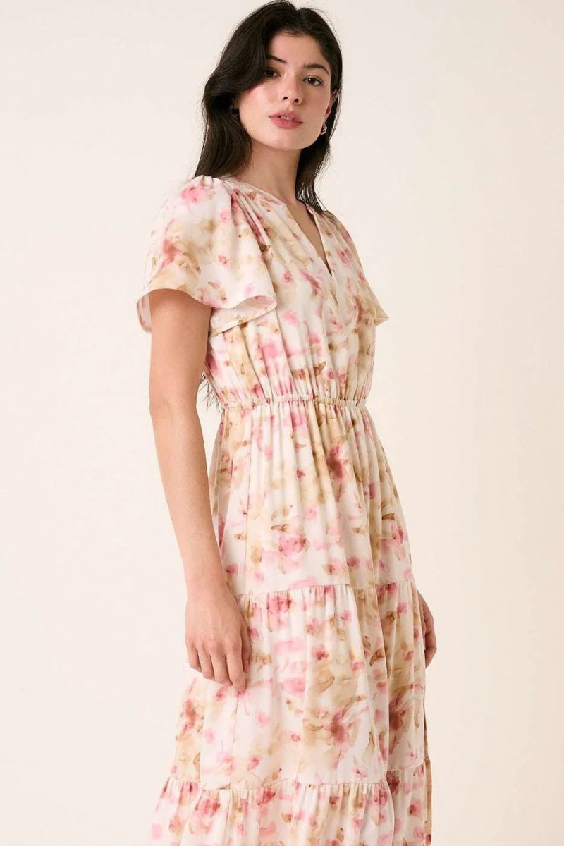 Mittoshop Flower Print Flutter Sleeve V Slit Maxi Dress - Love Salve