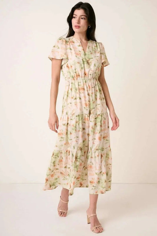 Mittoshop Flower Print Flutter Sleeve V Slit Maxi Dress - Love Salve