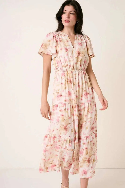 Mittoshop Flower Print Flutter Sleeve V Slit Maxi Dress - Love Salve