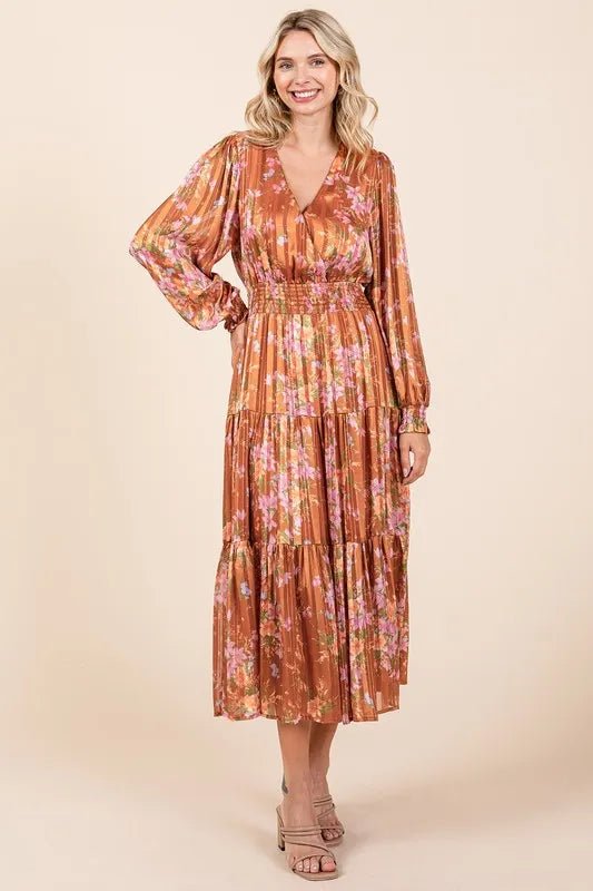 Mittoshop Flower Print Satin Lurex Stripe Smocked Midi Dress - Love Salve