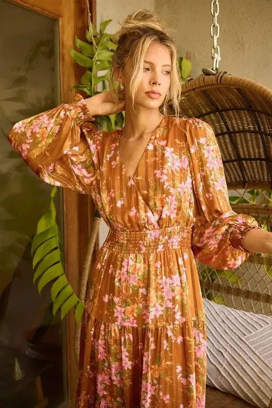 Mittoshop Flower Print Satin Lurex Stripe Smocked Midi Dress - Love Salve