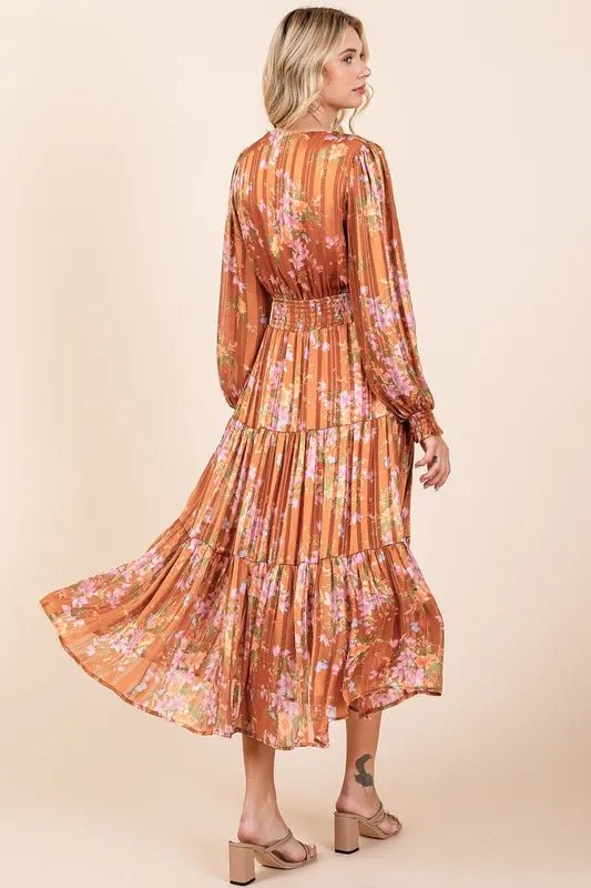 Mittoshop Flower Print Satin Lurex Stripe Smocked Midi Dress - Love Salve